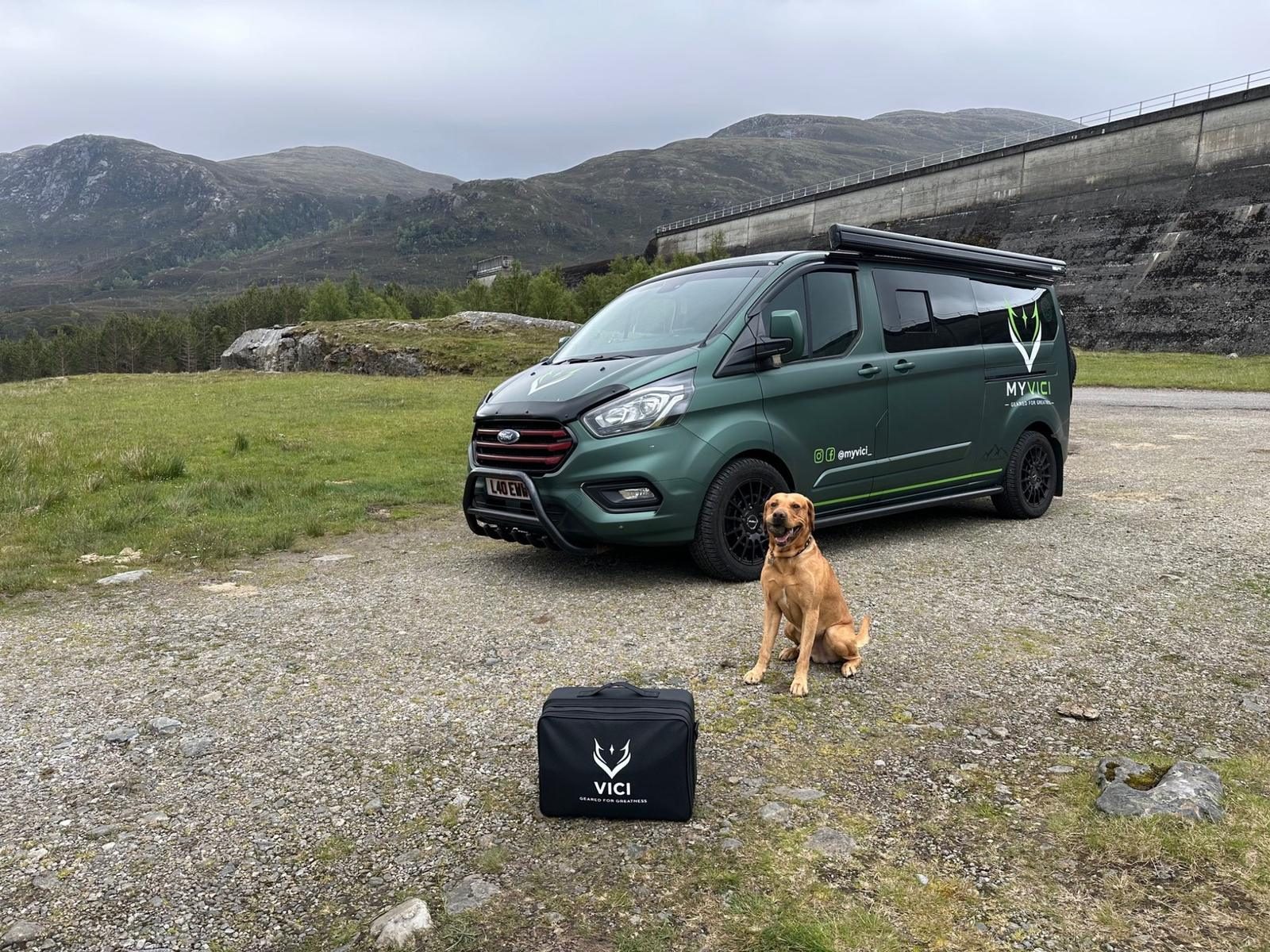 MYVICI van, dog and founder bag in the mountains