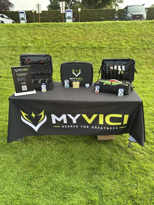 MYVICI branded display table at Scurry Events with the current organiser empty, closed and packed