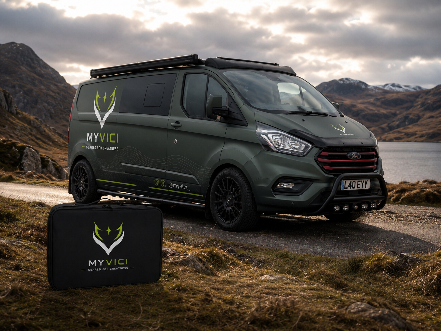 MYVICI branded camper van in Highland setting